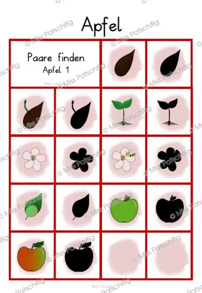Apfel Paare finden Spielvariante 1 mit Bildern und Schattenbildern, Vorschau