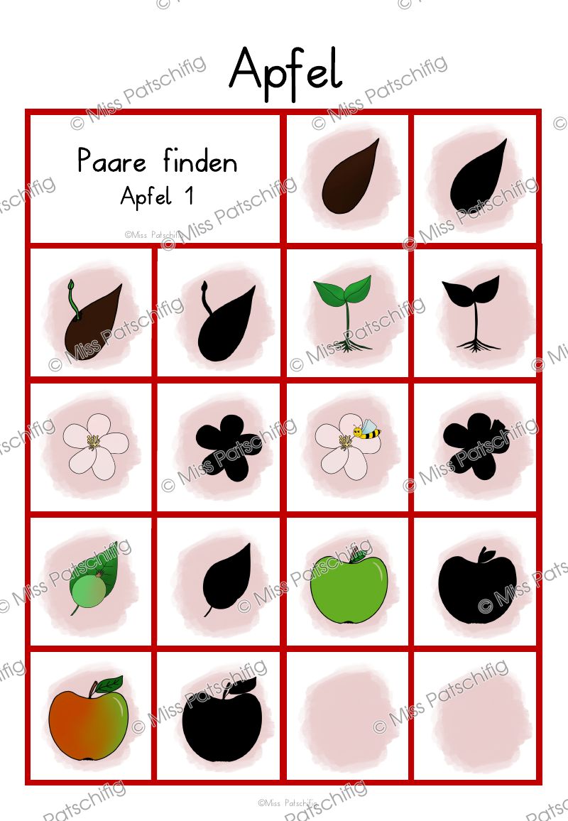Apfel Paare finden Spielvariante 1 mit Bildern und Schattenbildern, Vorschau