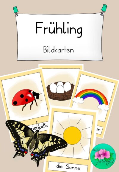 Frühling Bildkarten mit Marienkäfer, Regenbogen, Nest und Schmetterling zum Ausdrucken, PDF
