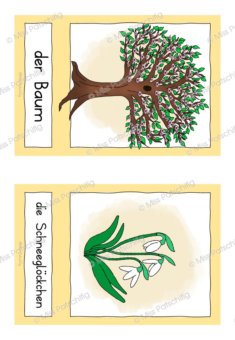 Frühling Bildkarten mit Baum und Schneeglöckchen zum Ausschneiden, Vorschau