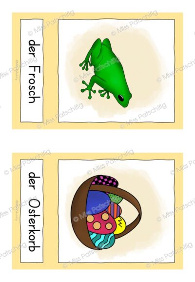 Frühling Bildkarten mit Frosch und Osterkorb, zwei Karten pro Seite, Vorschau