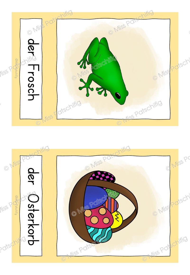 Frühling Bildkarten mit Frosch und Osterkorb, zwei Karten pro Seite, Vorschau