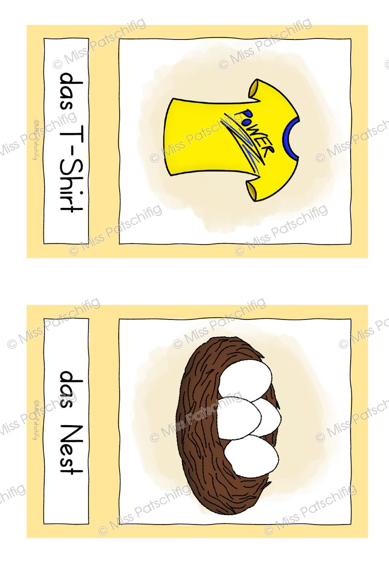 Frühling Bildkarten mit T-Shirt und Nest, zwei Karten auf einer Seite, Vorschau