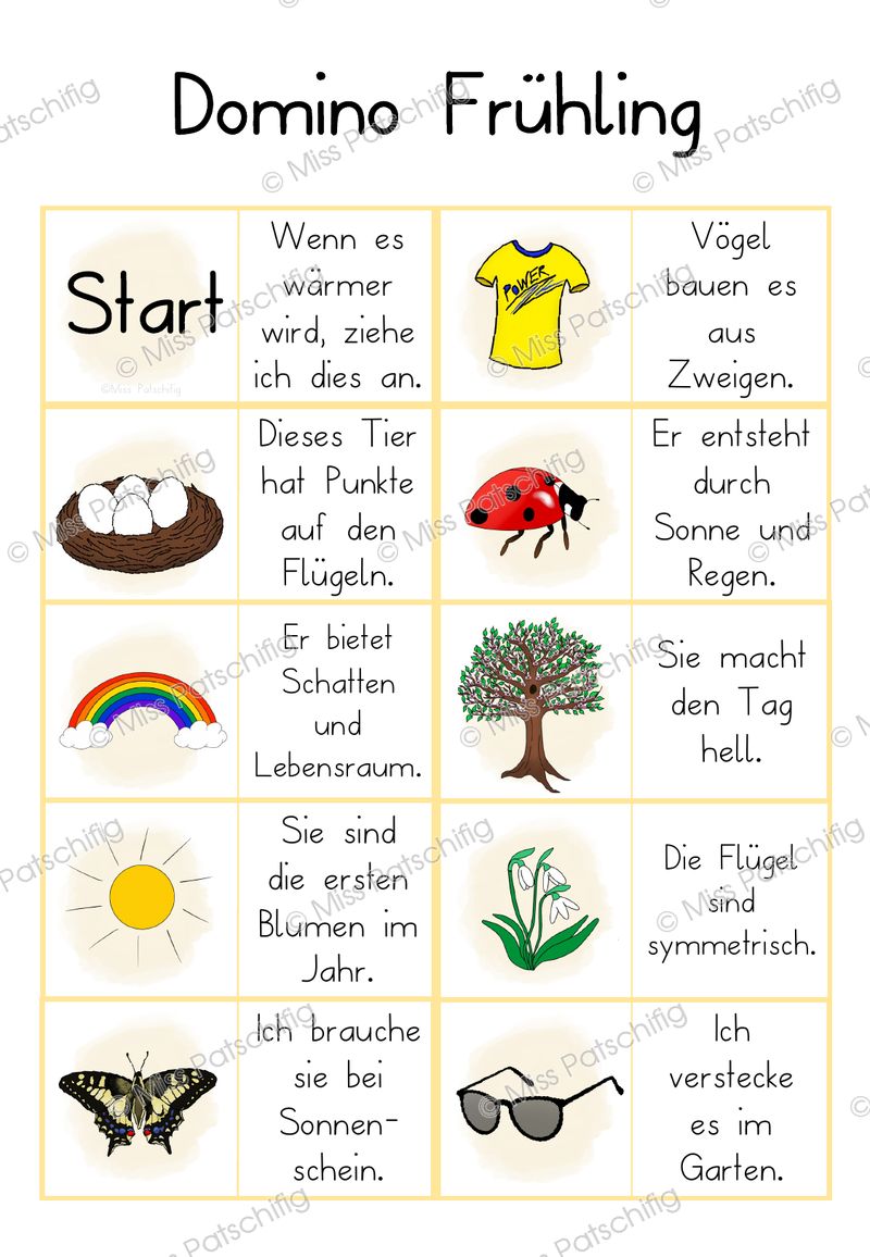 Frühling Domino Bild-Rätsel Seite 1 mit Start, T-Shirt, Nest und Marienkäfer, Vorschau