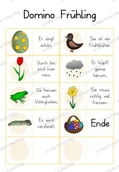 Frühling Domino Bild-Rätsel Seite 2 mit Osterei, Vogel und Tulpe bis Ende, Vorschau
