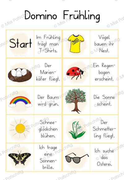 Frühling Domino Bild-Satz Seite 1 mit Start, T-Shirt, Nest und Marienkäfer, Vorschau