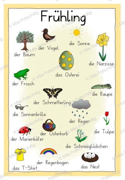 Frühling Wortspeicher in Gelb mit 17 Wörtern und Bildern, Vorschau