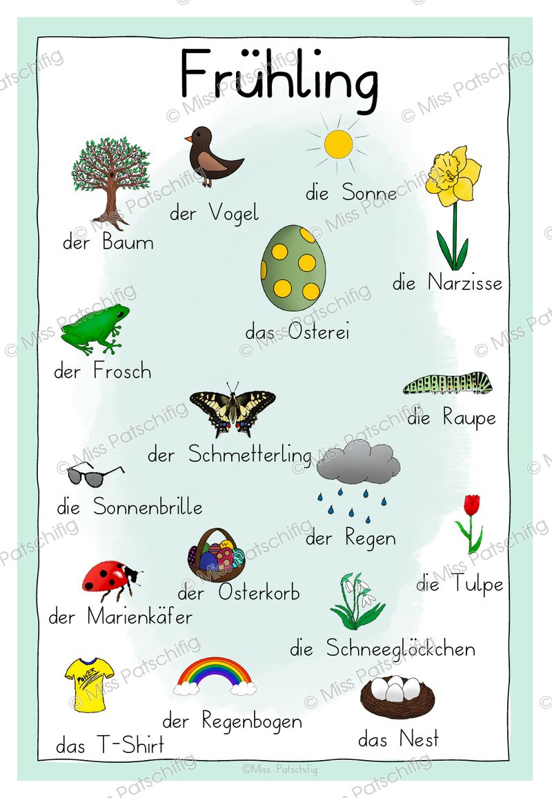 Frühling Wortspeicher in Grün mit Artikeln und Bildern zum Ausdrucken, Vorschau