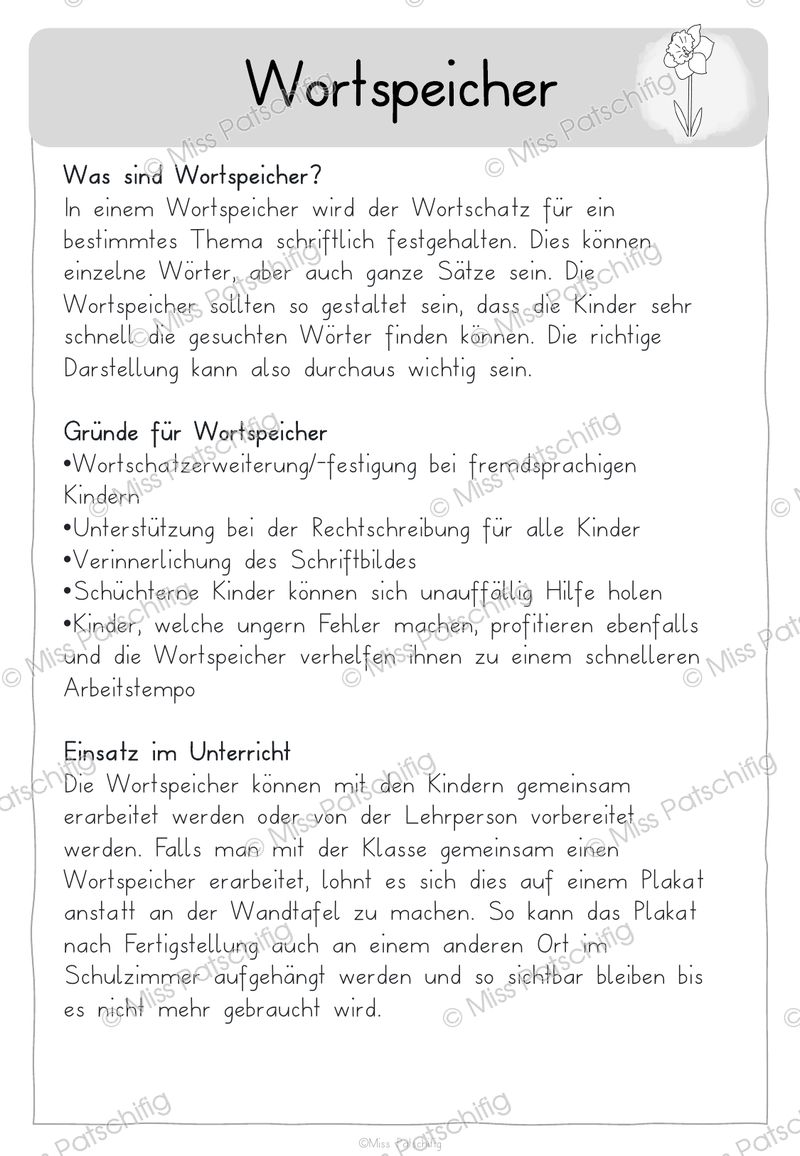 Wortspeicher Handreichung mit Gründen und Tipps für den Einsatz im Unterricht, Vorschau