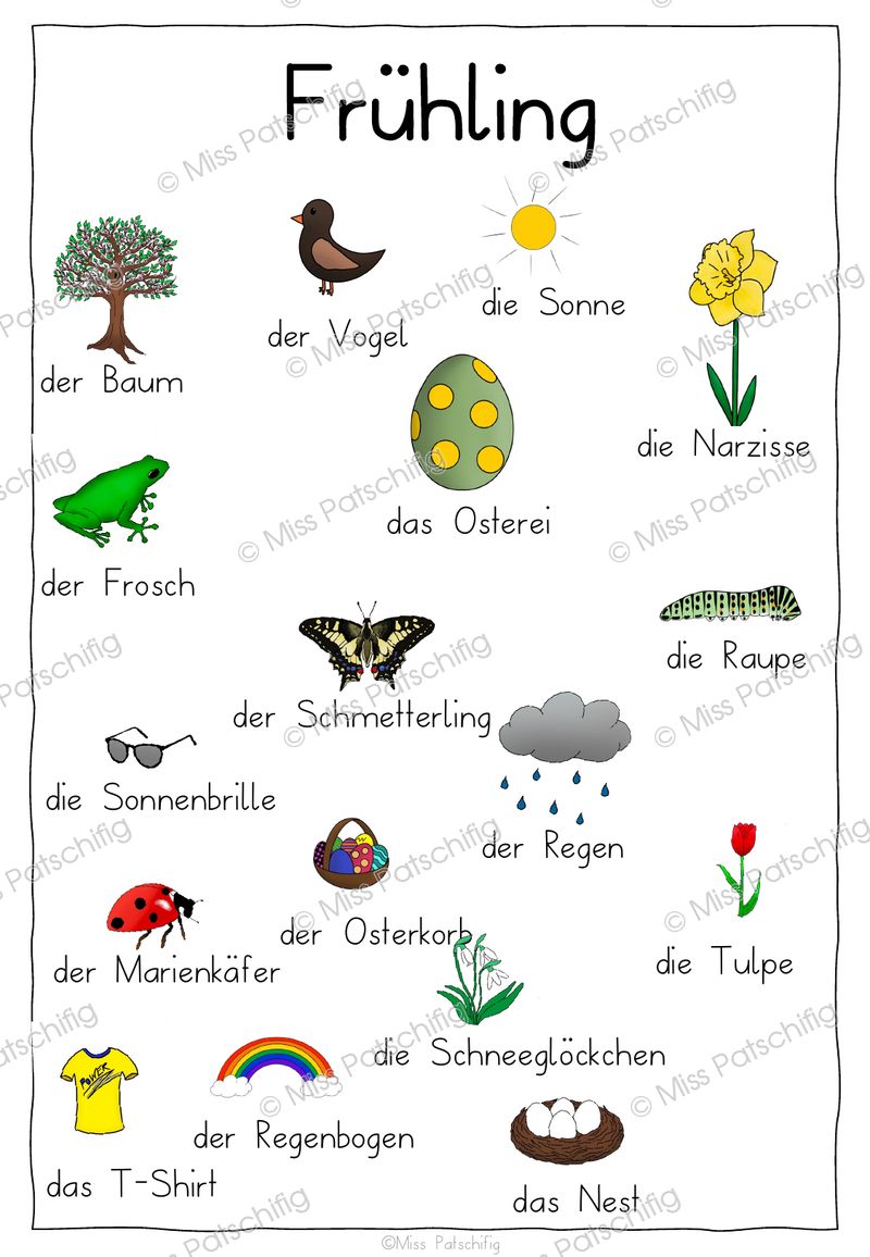 Frühling Wortspeicher mit weissem Hintergrund, Wörter und Bilder auf einer Seite, Vorschau