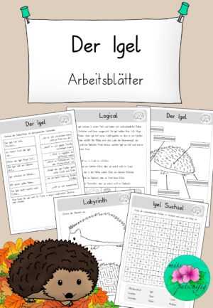 Igel Arbeitsblätter, Titelbild mit Igel im Herbstlaub, PDF zum Ausdrucken