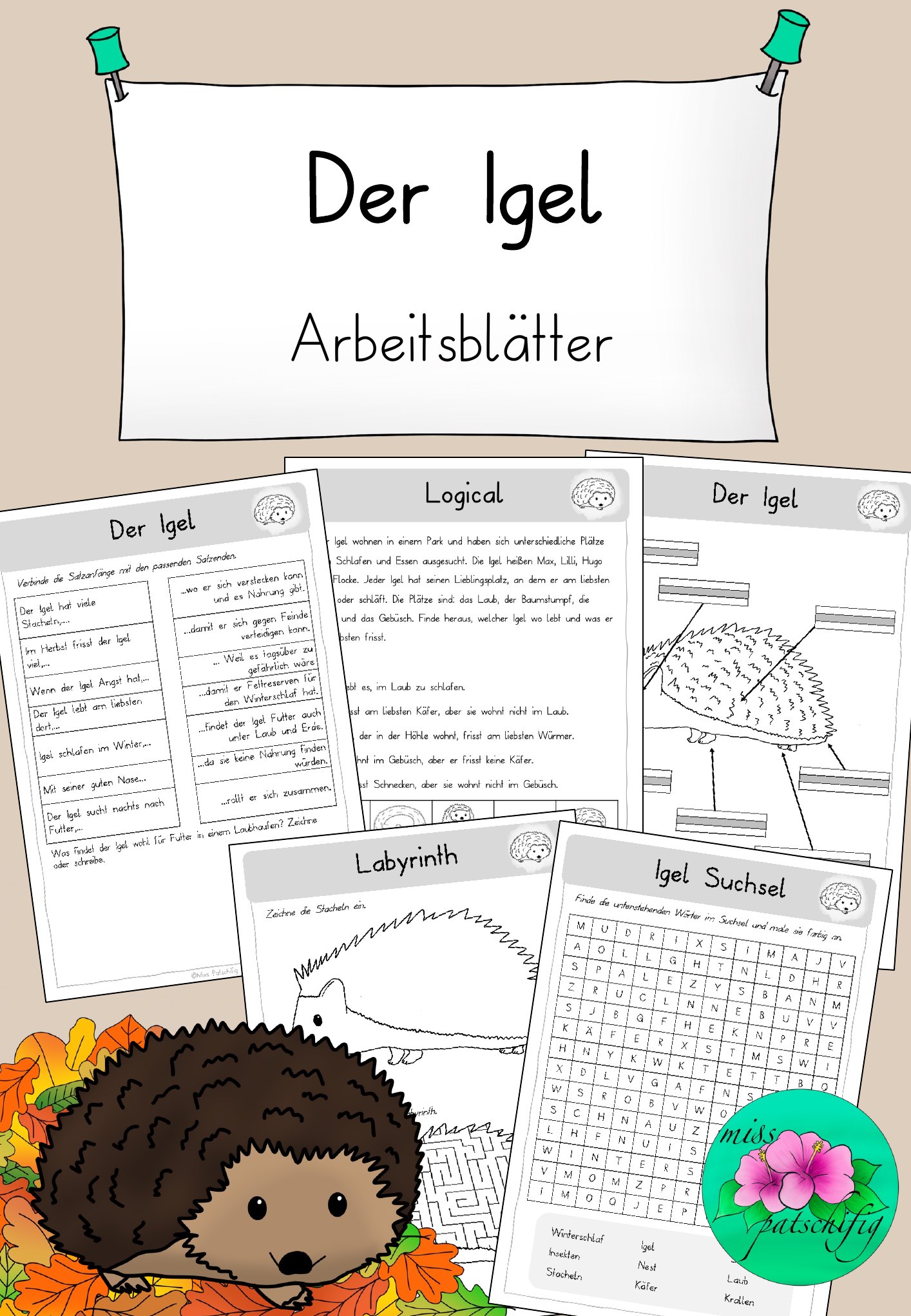 Igel Arbeitsblätter, Titelbild mit Igel im Herbstlaub, PDF zum Ausdrucken