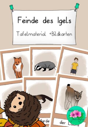 Feinde des Igels Tafelmaterial und Bildkarten, Titelbild mit Igel im Herbstlaub, PDF zum Ausdrucken