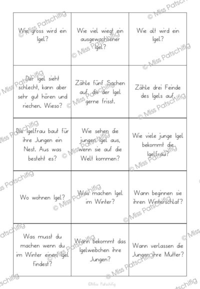 Lernkarten zum Igel mit Fragen und Antworten, Seite 3, Vorschau