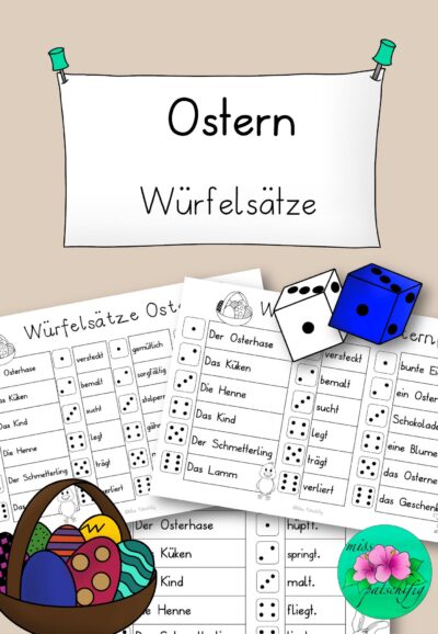 Ostern Würfelsätze mit Würfeln, Osterkorb mit Ostereiern, Schreiben üben, PDF zum Ausdrucken
