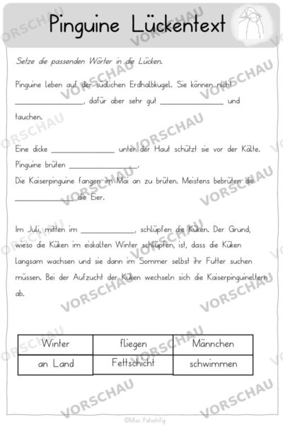 Pinguine Arbeitsblätter differenziert: Pinguine Lückentext, Vorschau