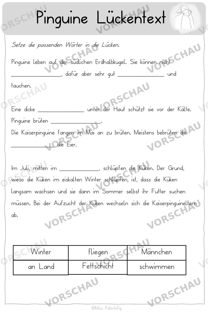 Pinguine Arbeitsblätter differenziert: Pinguine Lückentext, Vorschau