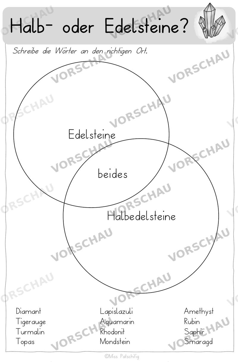 Steine Arbeitsblätter zum Ausdrucken: Halb- oder Edelsteine? Mengenbild